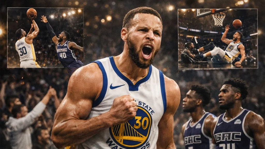 Curry signe 17 points dont deux actions à 4 points pour son retour, permettant aux Warriors de battre les Kings