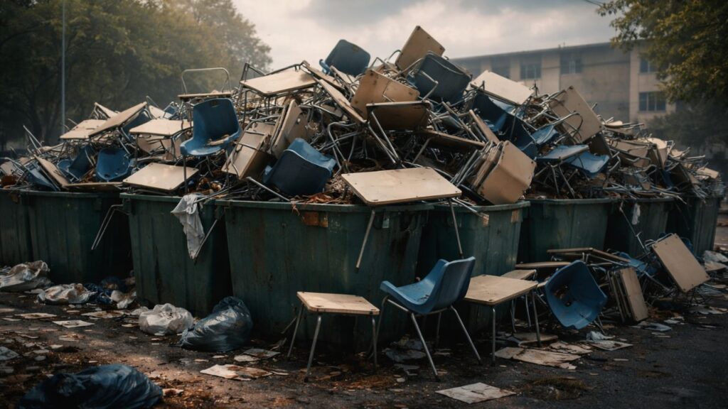 Des dizaines de tables et de chaises du cégep ont été jetées à la poubelle, soulevant des questions sur le gaspillage.