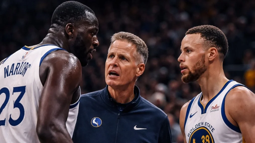 Draymond Green discute avec Kerr et Curry, avant de quitter le terrain après une expulsion