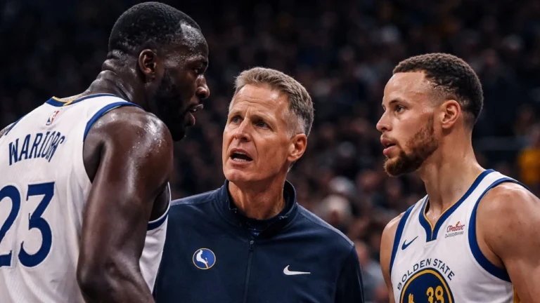 Draymond Green discute avec Kerr et Curry, avant de quitter le terrain après une expulsion