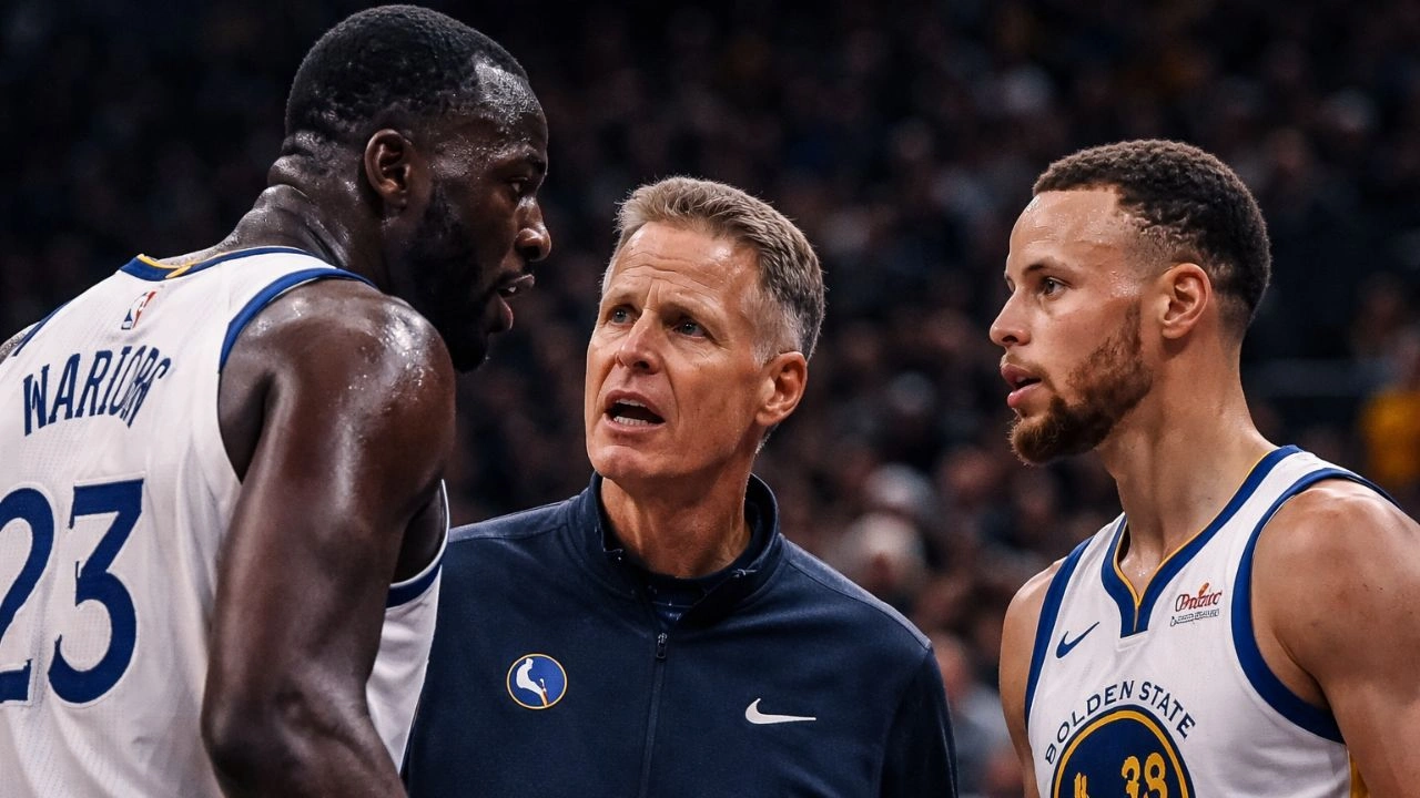 Draymond Green discute avec Kerr et Curry, avant de quitter le terrain après une expulsion