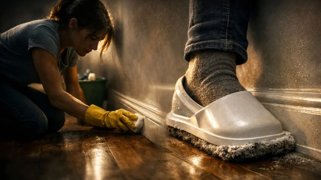 Je passais des heures à nettoyer mes plinthes à genoux… jusqu’à découvrir cet accessoire pour pied qui fait tout sans effort