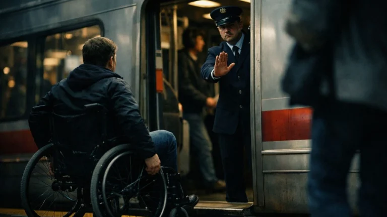 N’ayant pas sollicité l’assistance à temps, cette personne en fauteuil roulant se voit refuser l’accès au train